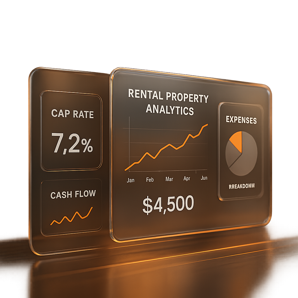 Digital dashboard showing rental property analytics with cap rates and cash flow charts in a sleek, high-tech interface for property analysis