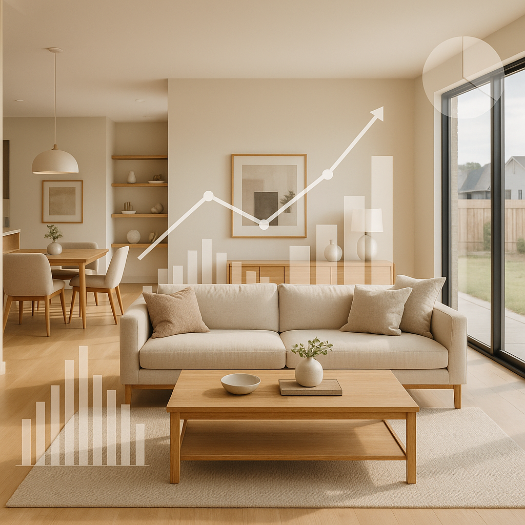 Modern staged home with rental income growth data overlay
