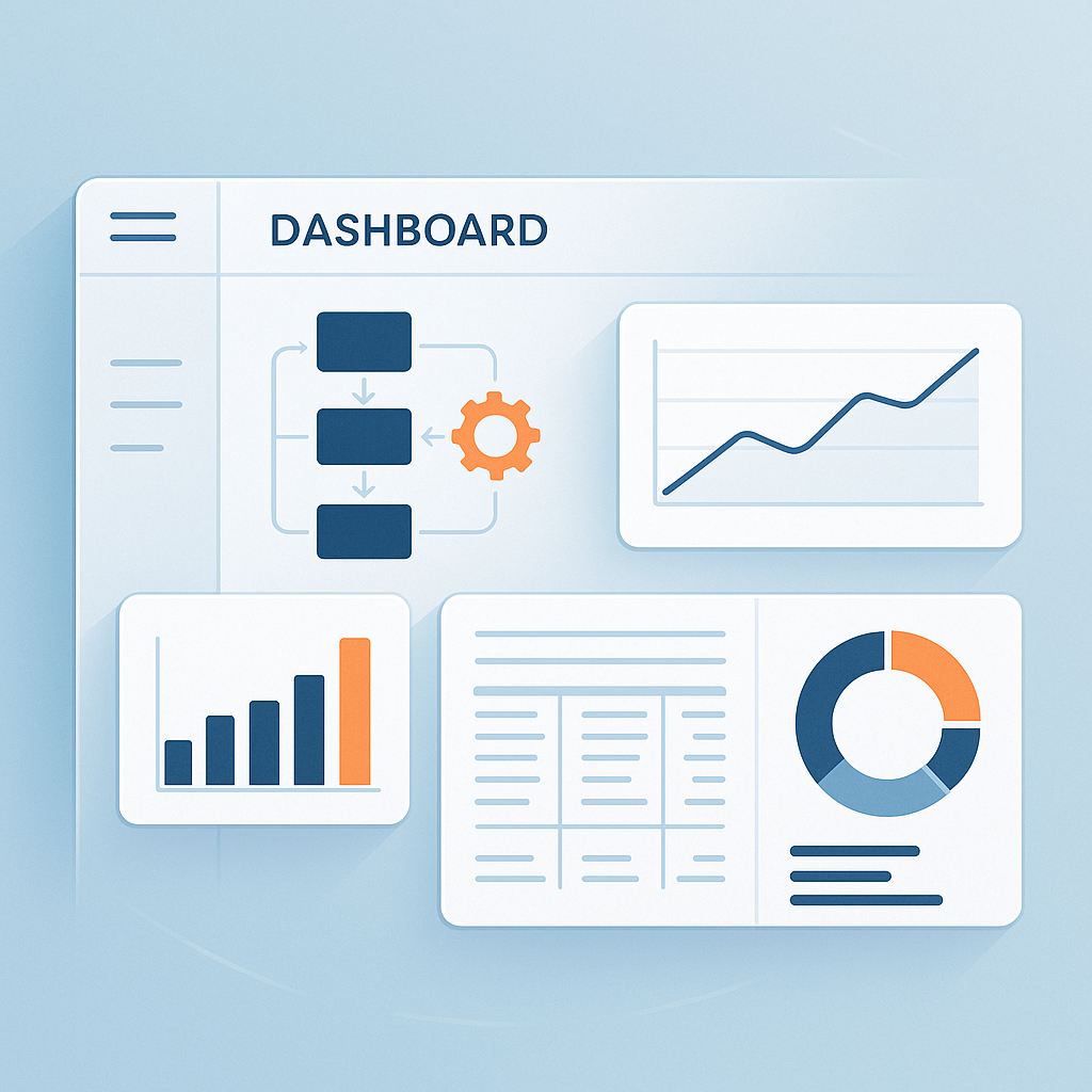 A digital dashboard showcasing interconnected workflows and scalable property management metrics in a sleek blue and white interface with orange accents