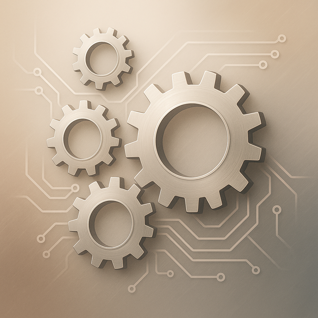 Abstract representation of scalable systems with gears and circuit patterns