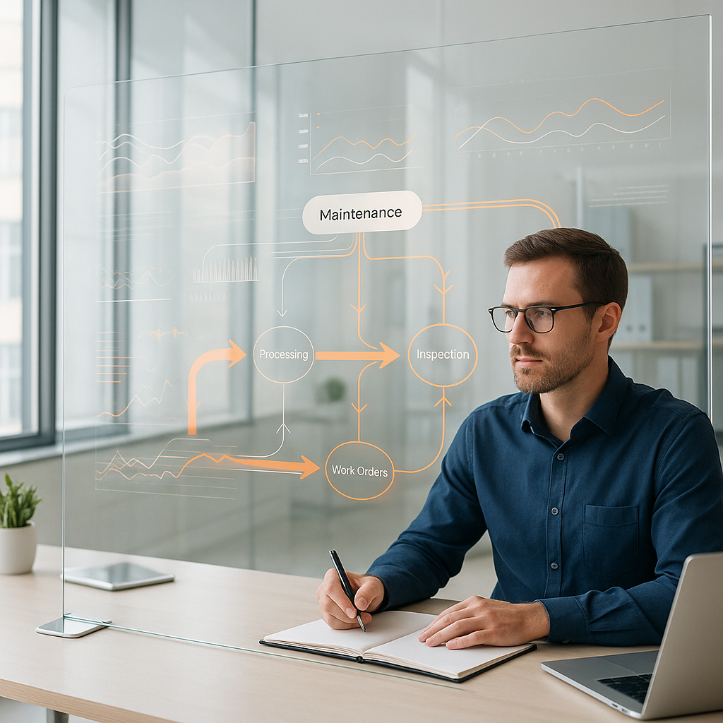 Professional office space with data streams and maintenance workflows