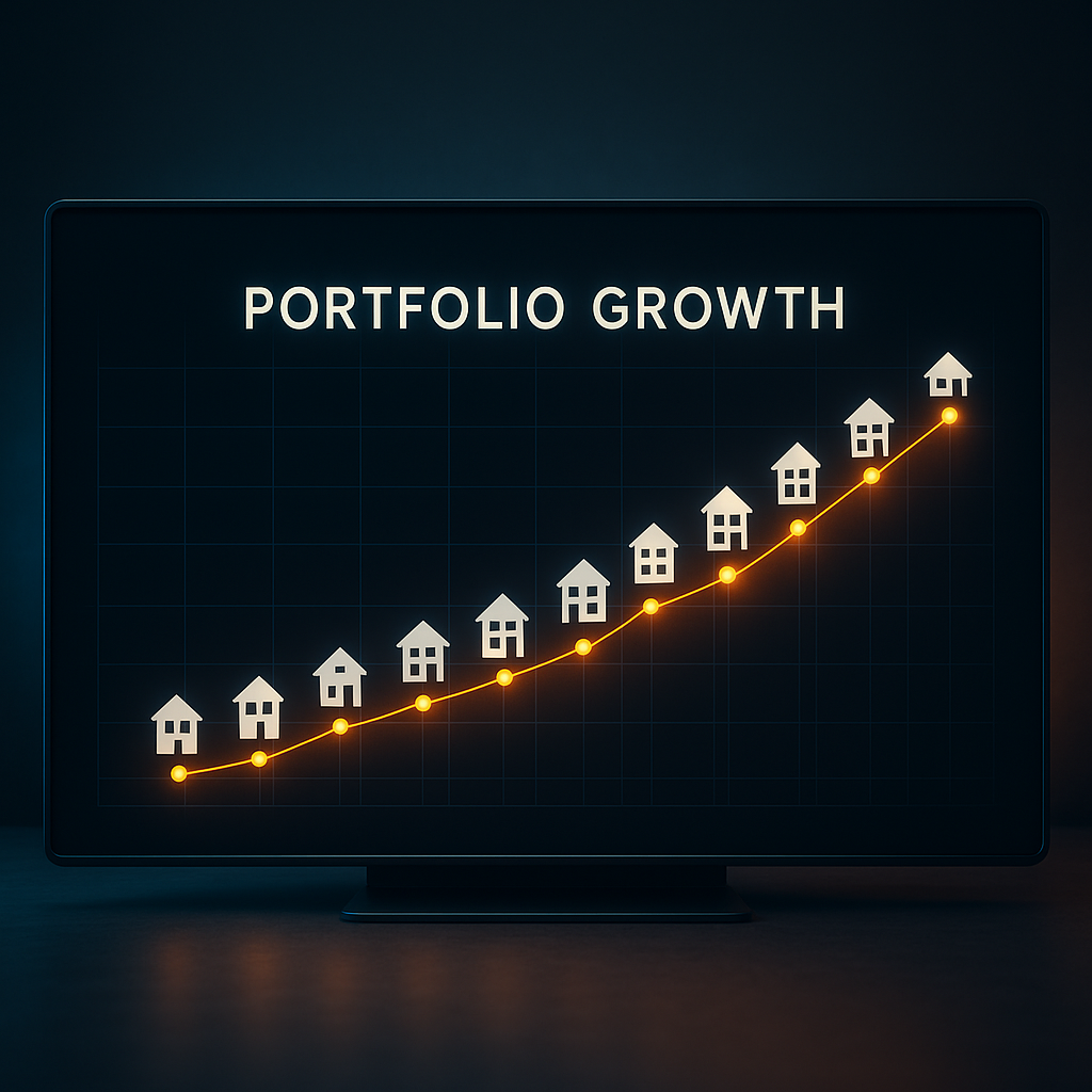 Digital dashboard showing portfolio growth with 10 glowing property icons connected by orange lines, reflecting rental investment progress