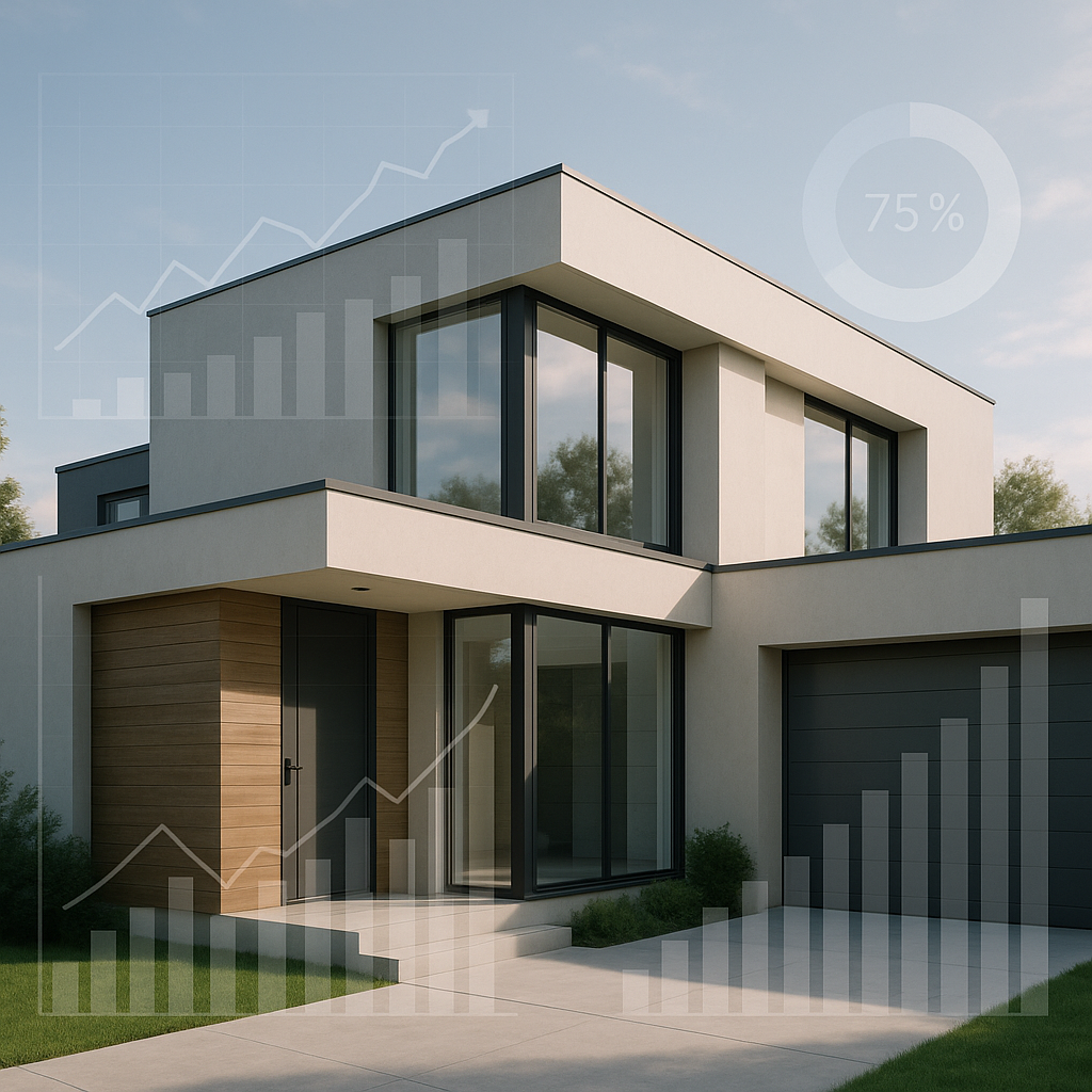 Modern rental property facade with financial graphs