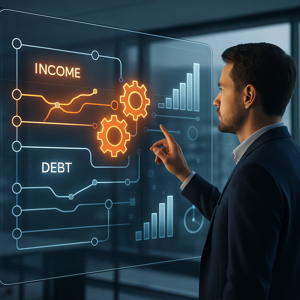 Futuristic office with data pipelines and lending analytics