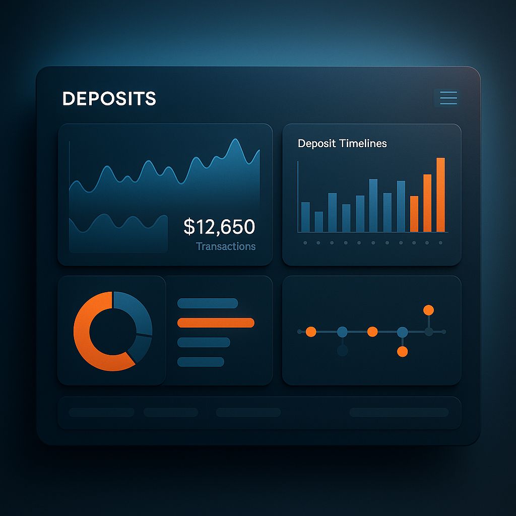 Digital dashboard showing deposit transactions and timelines with Texas security deposit rules in a modern high-tech interface