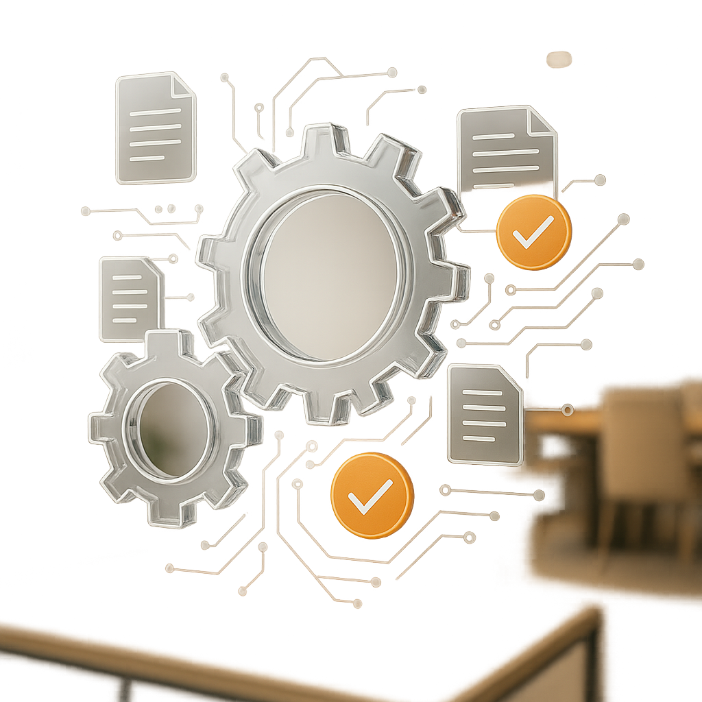 Interlocking gears and documents symbolizing deposit workflow and compliance