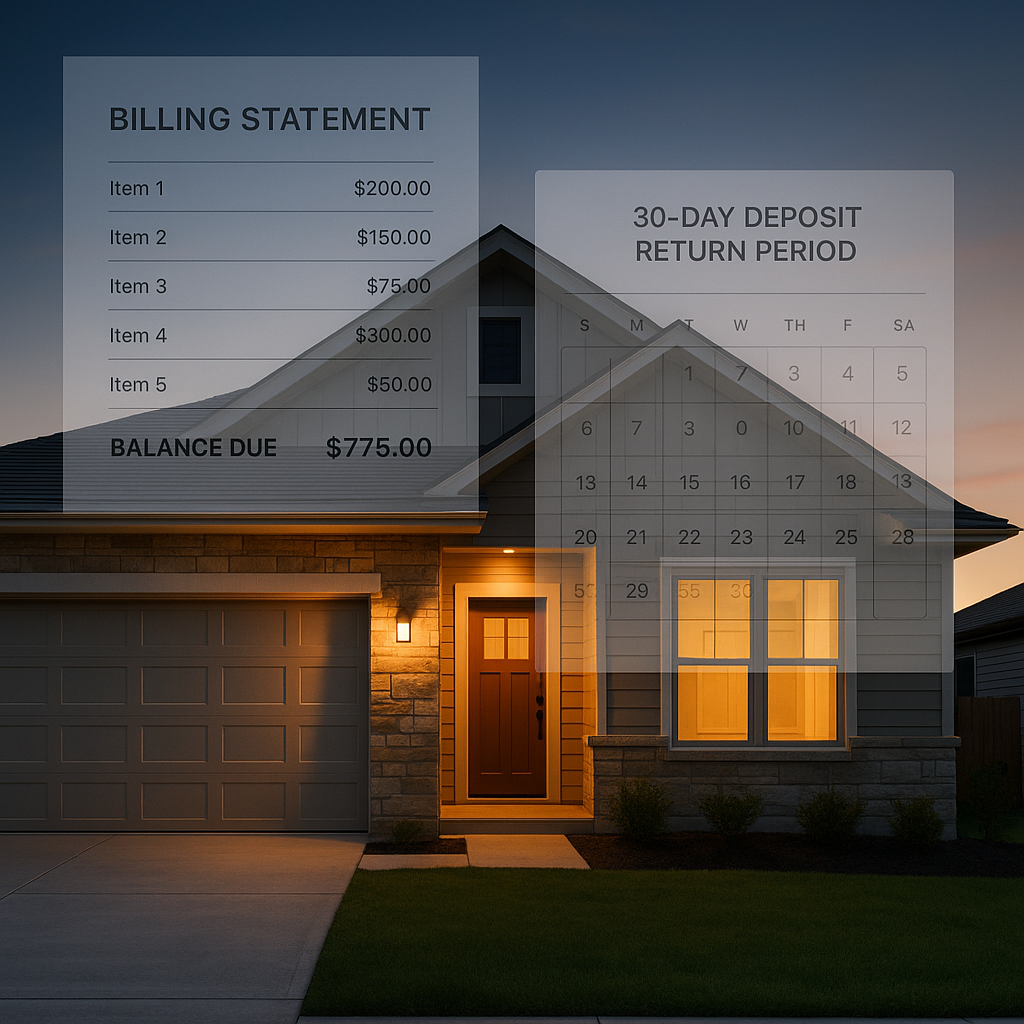 Modern rental property exterior with overlays of billing statements and calendars