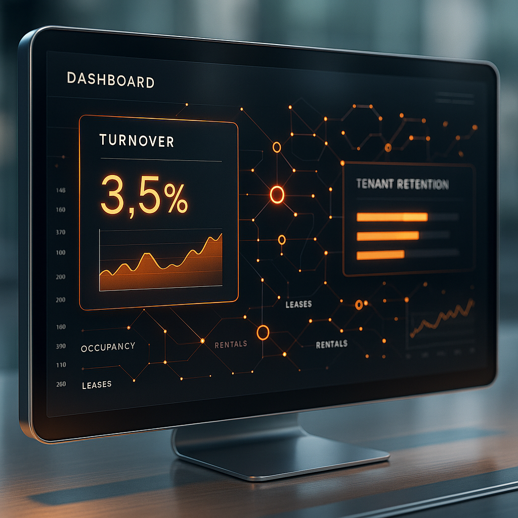 A modern digital dashboard showing turnover metrics and data streams with orange highlights in a high-tech property management setting