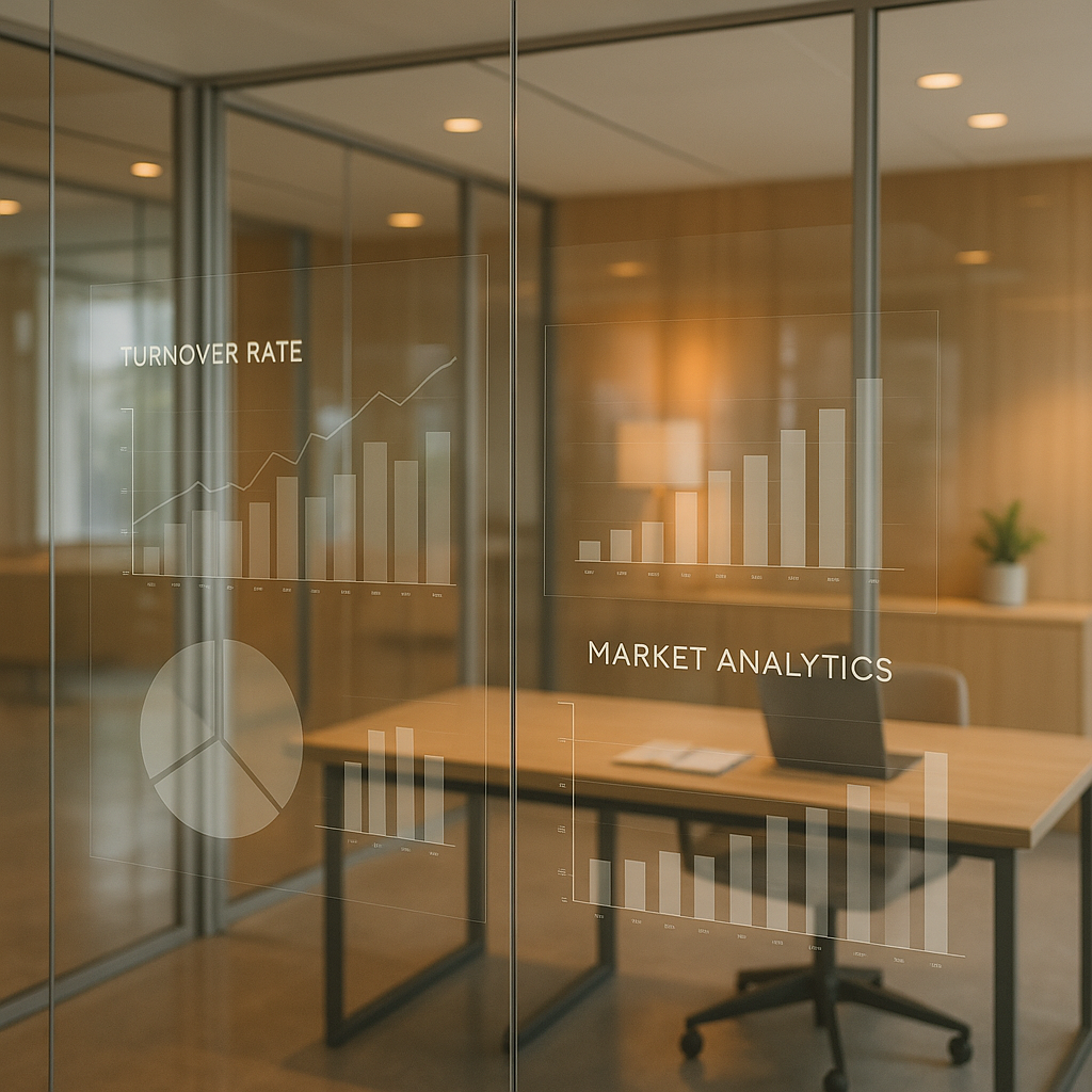 Modern office space with turnover and market analytics charts