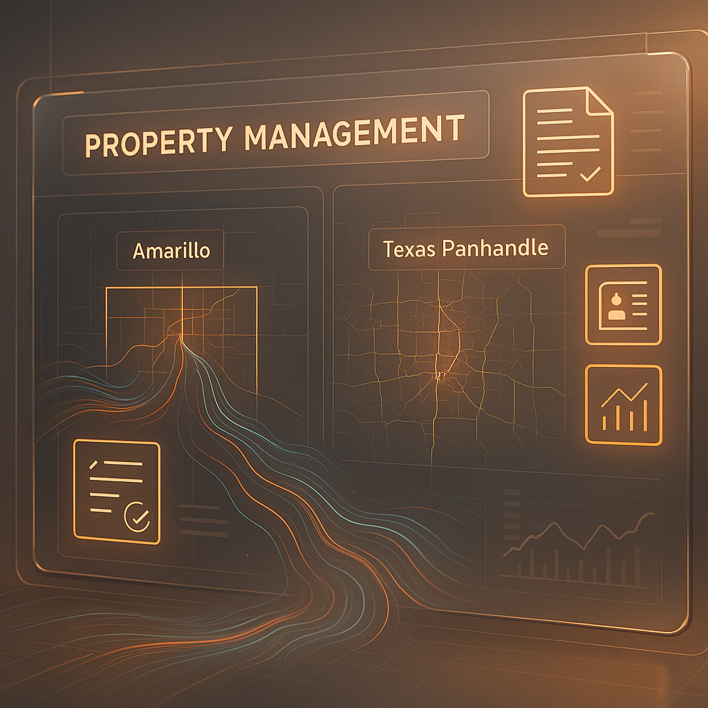 High-tech property management dashboard featuring interactive maps of Amarillo and Texas Panhandle with data streams and legal icons