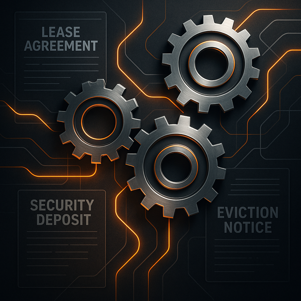 Conceptual gears and legal documents symbolizing landlord-tenant legal frameworks