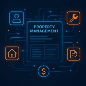 Digital dashboard displaying property management workflows with glowing blue and orange Blaze brand accents in a clean virtual space