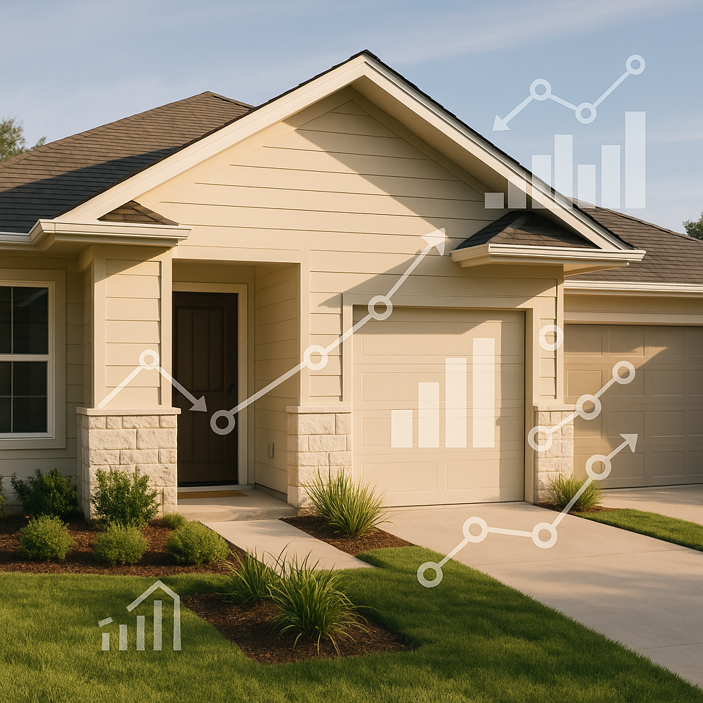 Rental property exterior with market analytics and maintenance overlays