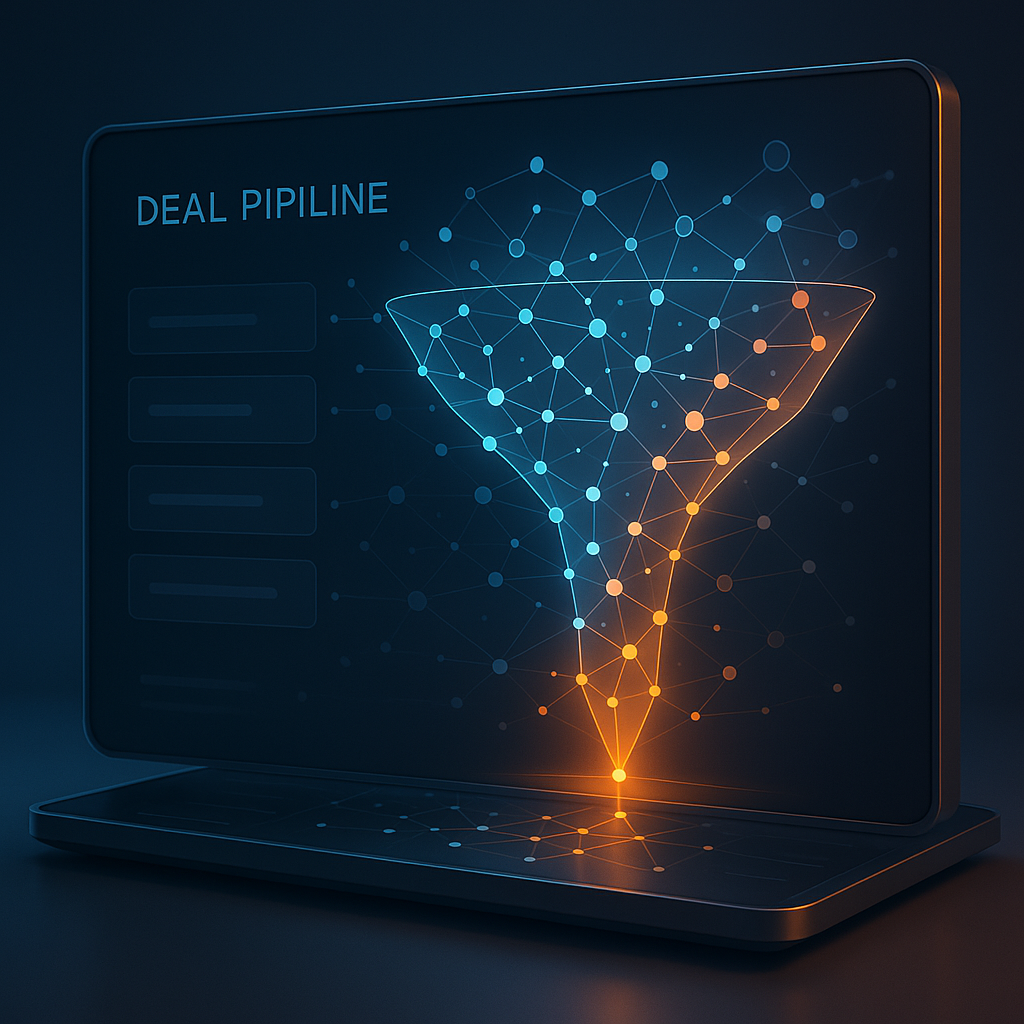 Digital deal pipeline dashboard showing lead progression stages for residential investors with illuminated nodes and sleek interface design
