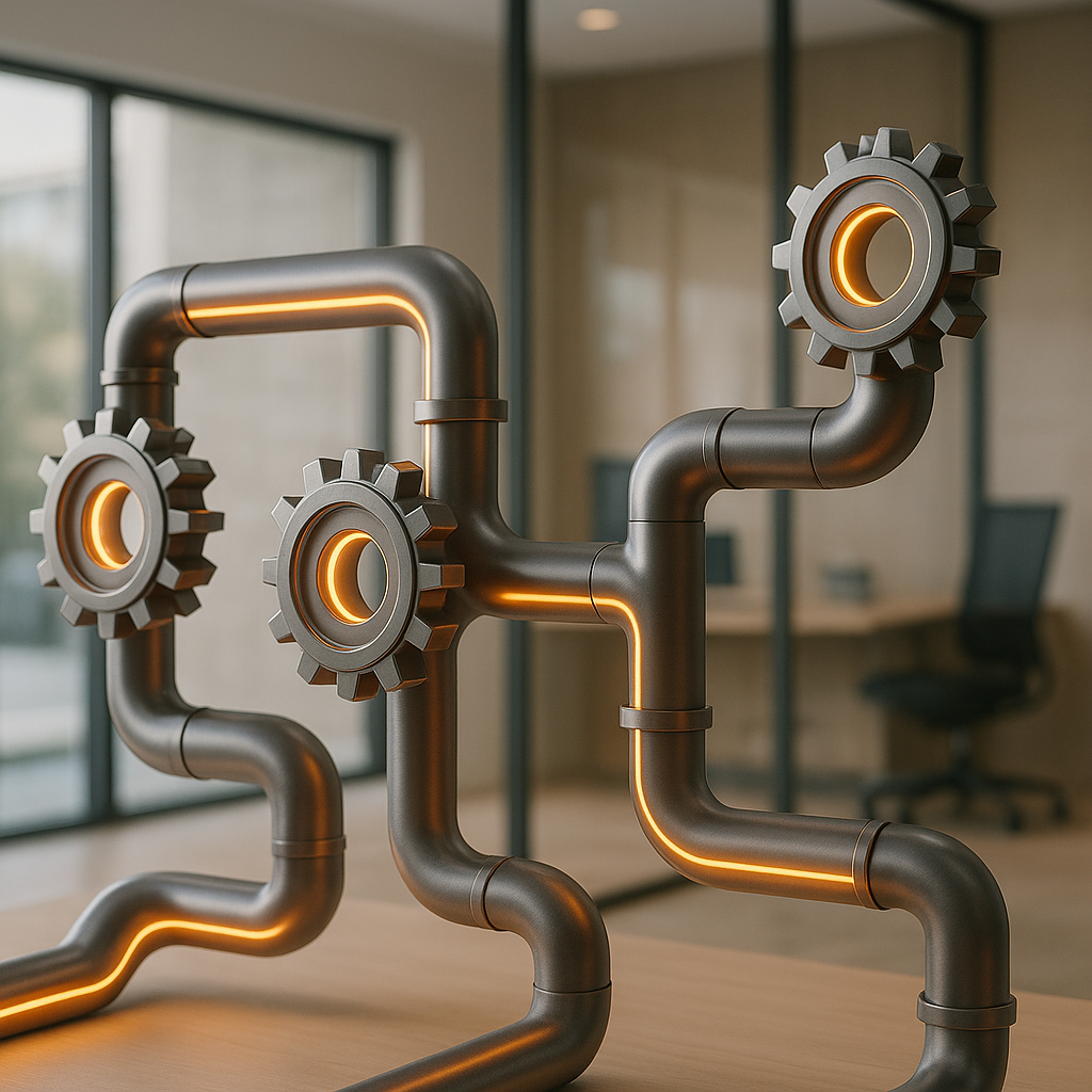 Modern pipeline system with glowing gears and smooth pathways symbolizing deal processing stages