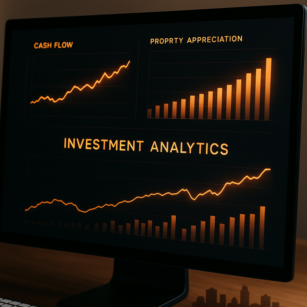 Digital dashboard showing real estate investment analytics with cash flow graphs and Amarillo skyline in a sleek, dark interface