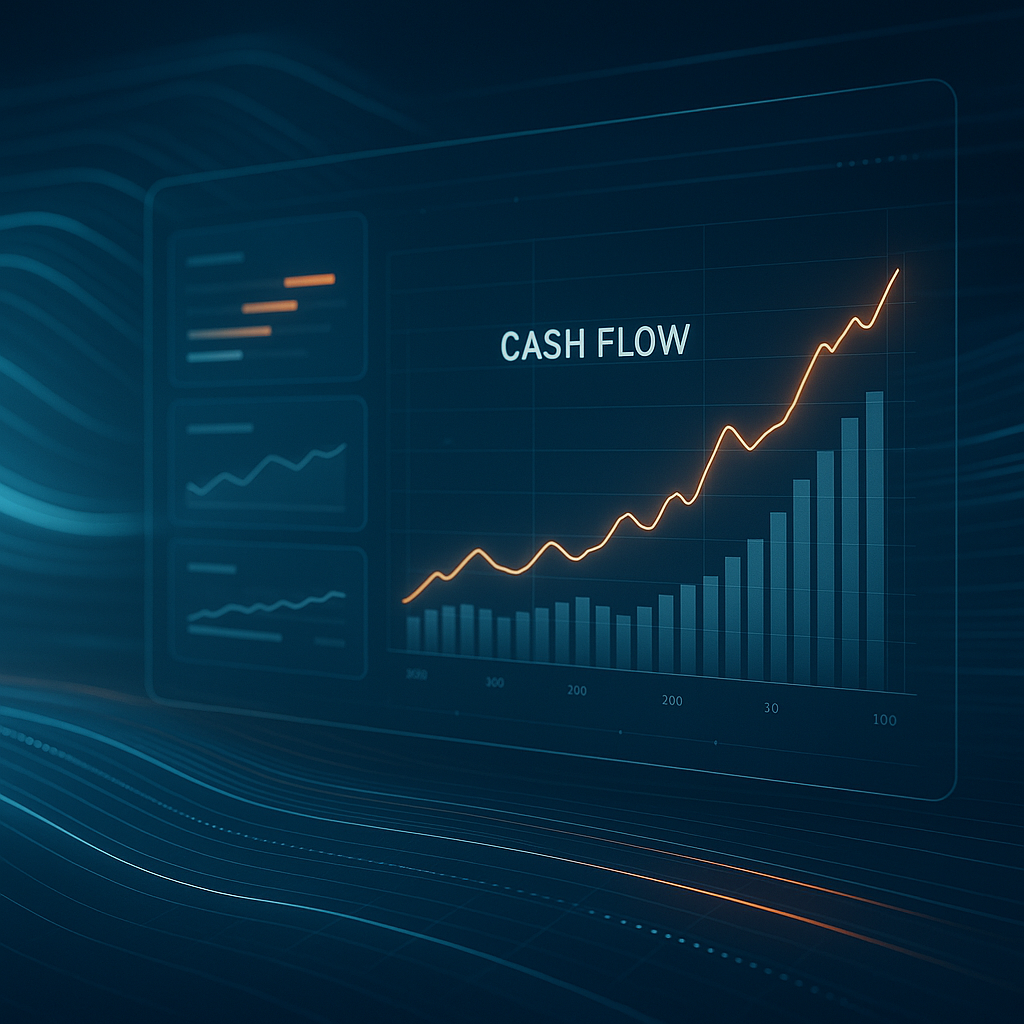Digital dashboard showcasing rental property cash flow analysis with glowing graphs and flowing data streams in sleek blue and orange hues