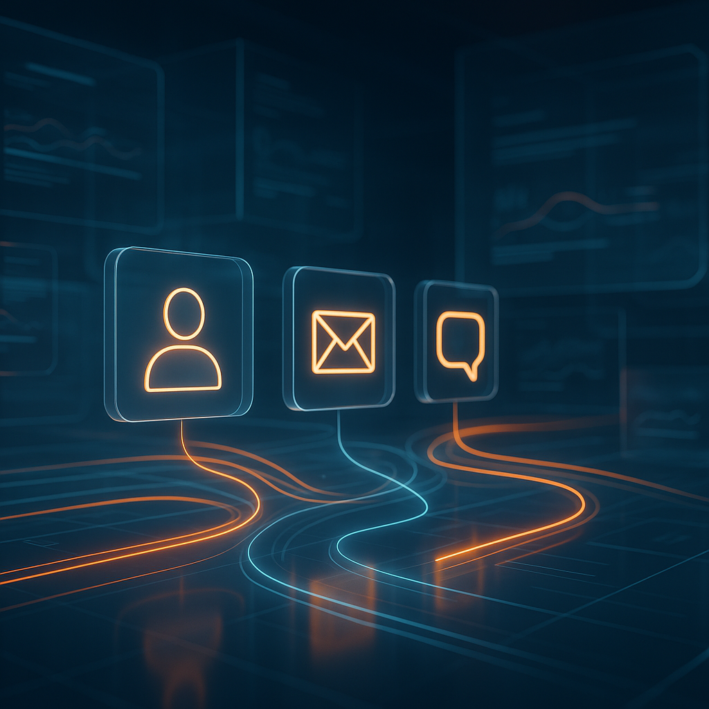 Abstract digital dashboard illustrating clear landlord-tenant interactions with tech-inspired blue and orange highlights in a modern virtual setting