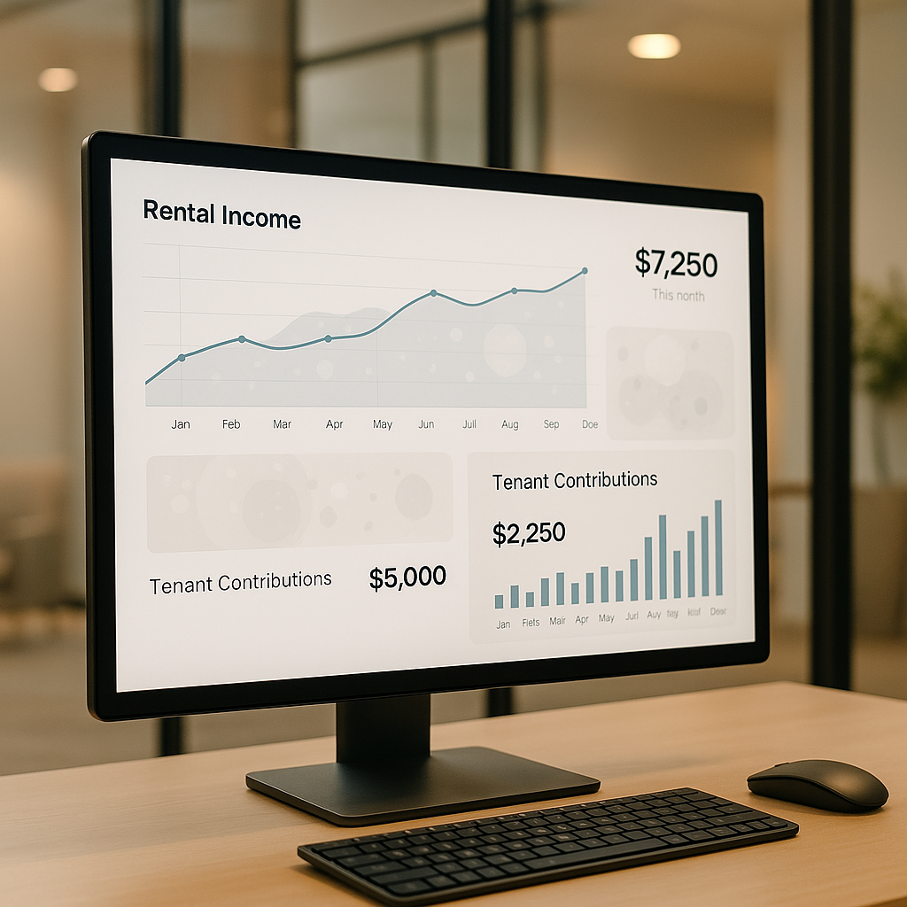 Digital dashboard showing rental income and subsidy flows for Section 8 investments in a modern office with warm neutral lighting