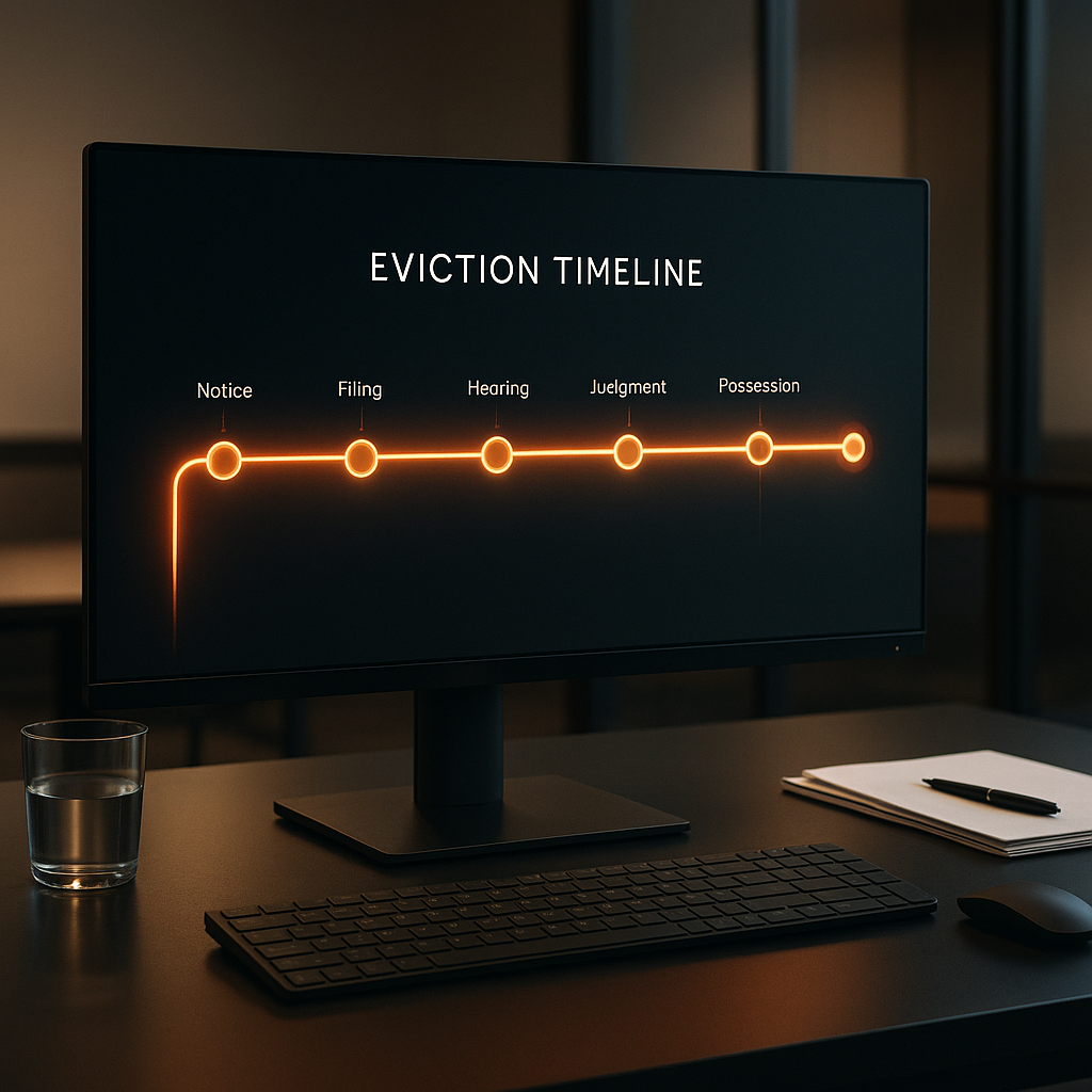 A sleek digital courtroom timeline with glowing nodes and orange highlights illustrating eviction steps for landlords in Texas