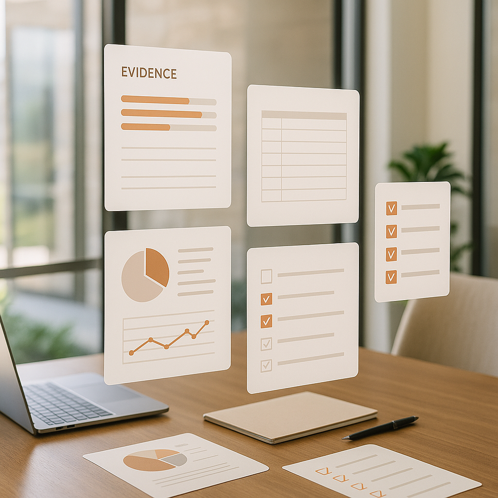 Organized digital documents and evidence packets on office table