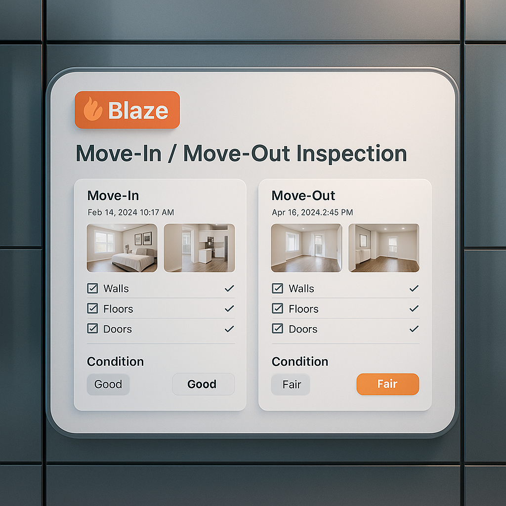 Digital dashboard showing move-in and move-out inspection workflow with photos and condition ratings for property management