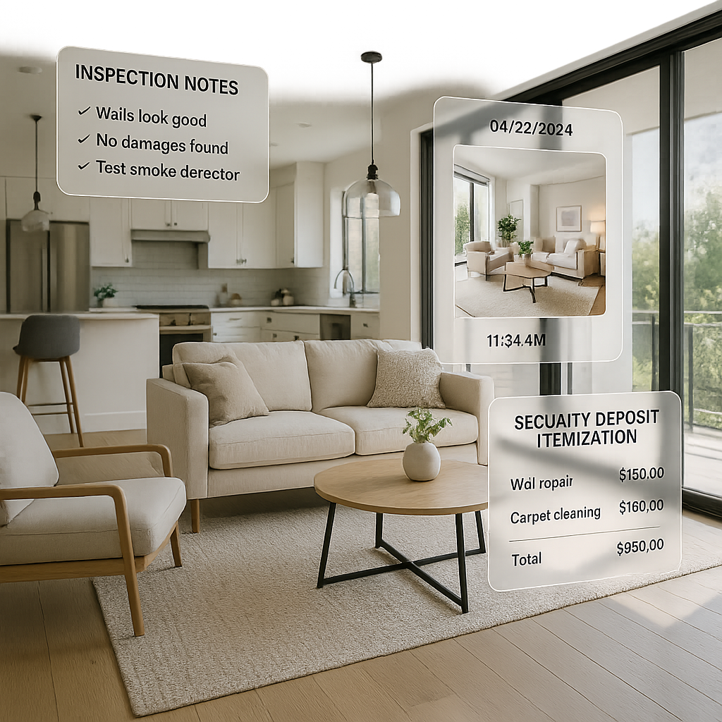 Pristine staged rental apartment with overlays of inspection notes and timestamps