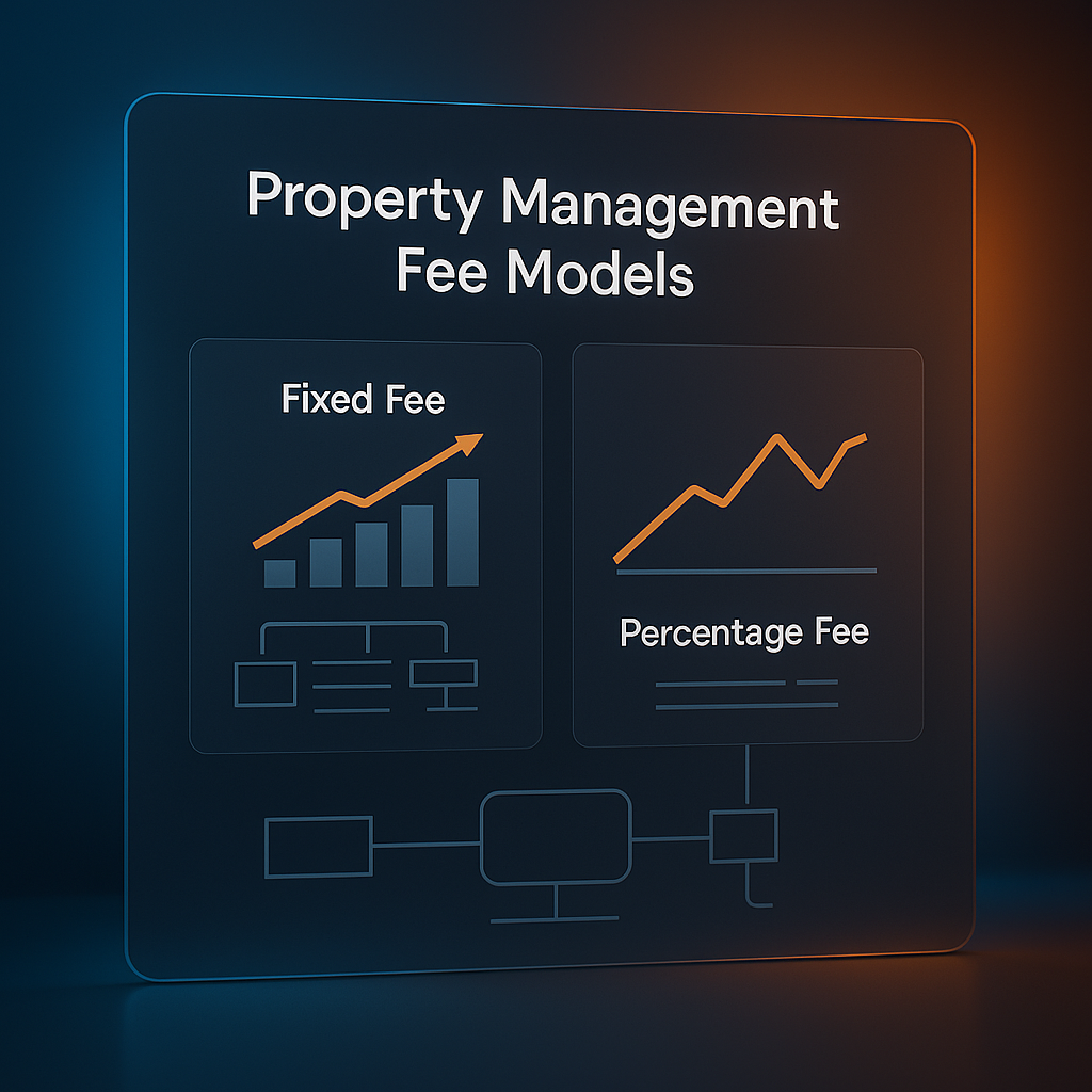 Digital dashboard showing comparative property management fee models with abstract graphs and flowcharts in Blaze Real Estate colors