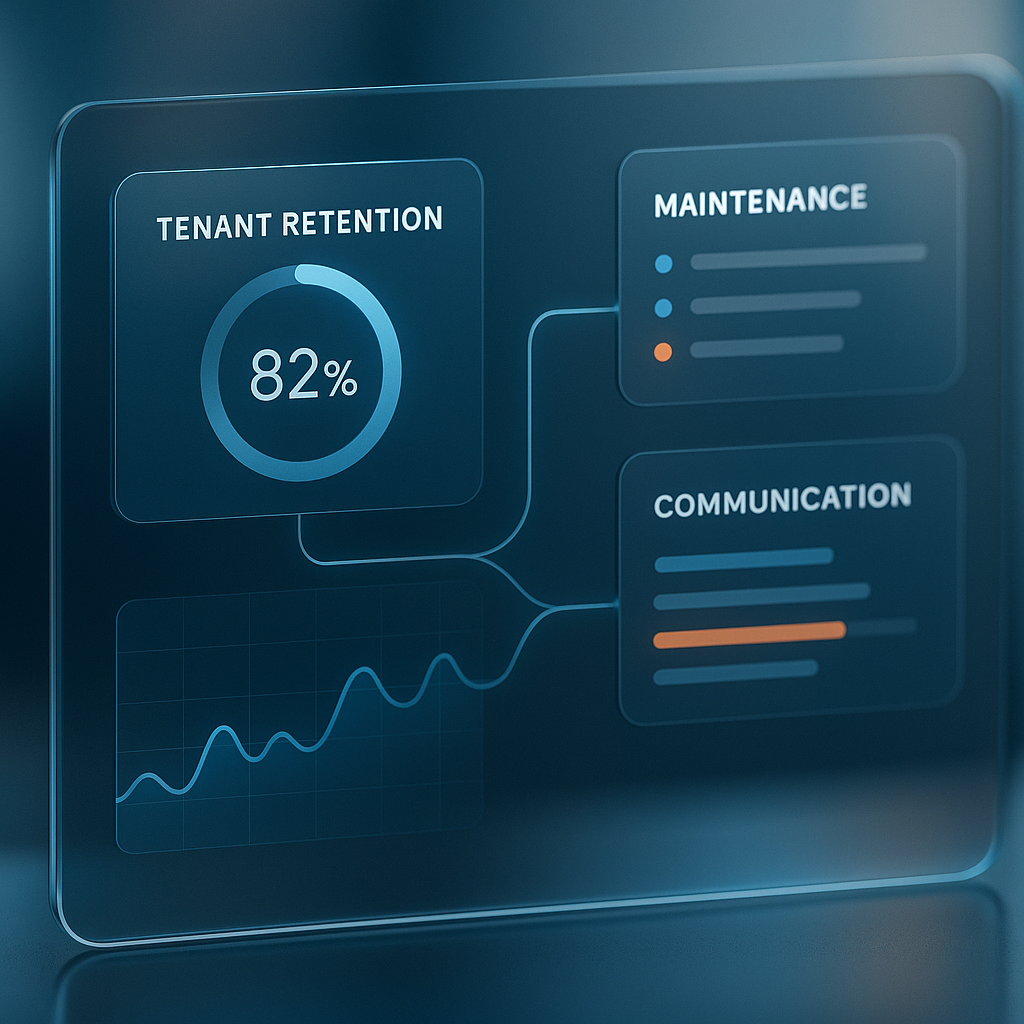 A digital dashboard showing tenant retention metrics, maintenance schedules, and communication flows in a sleek, high-tech interface