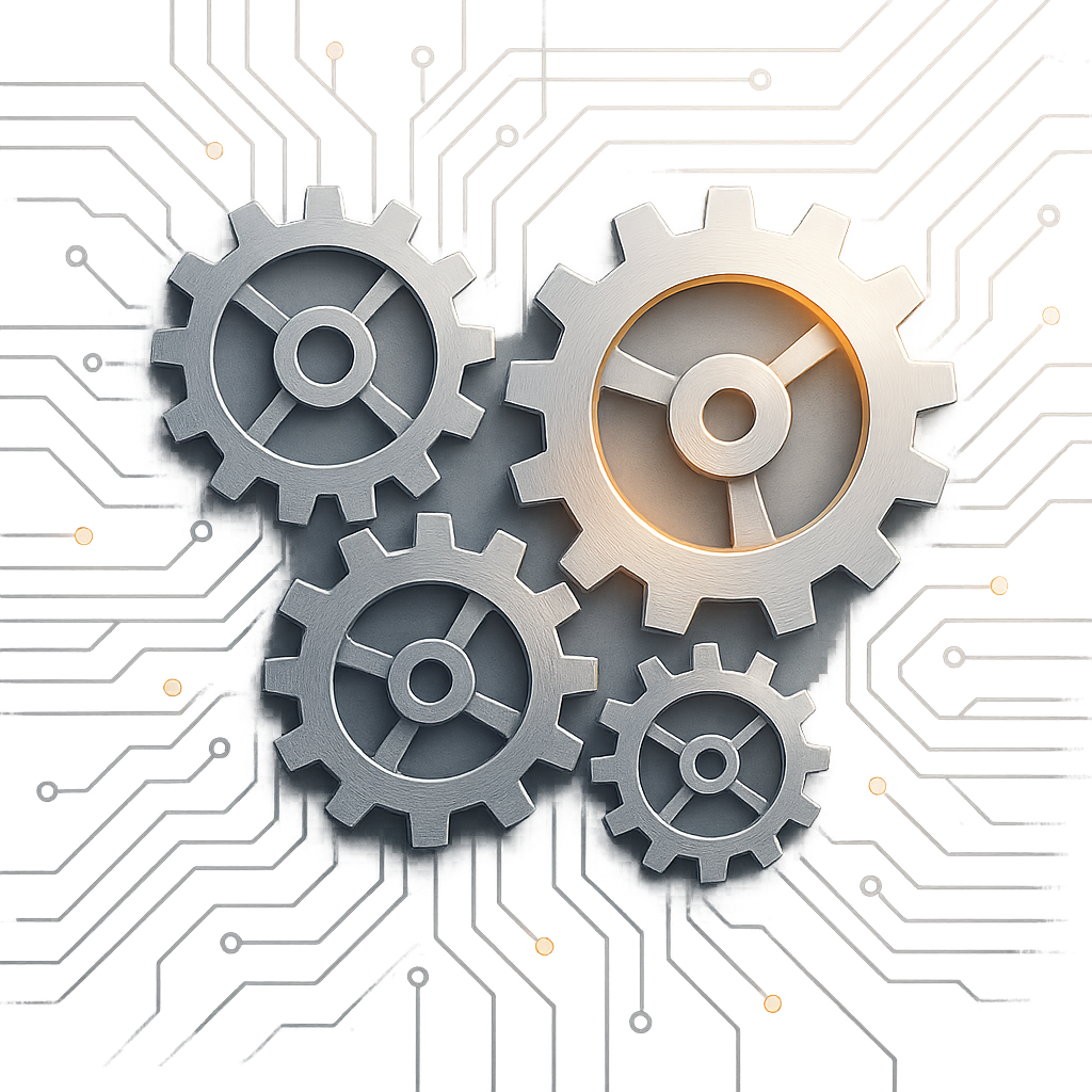 Conceptual image of gears and circuits symbolizing coordinated property management