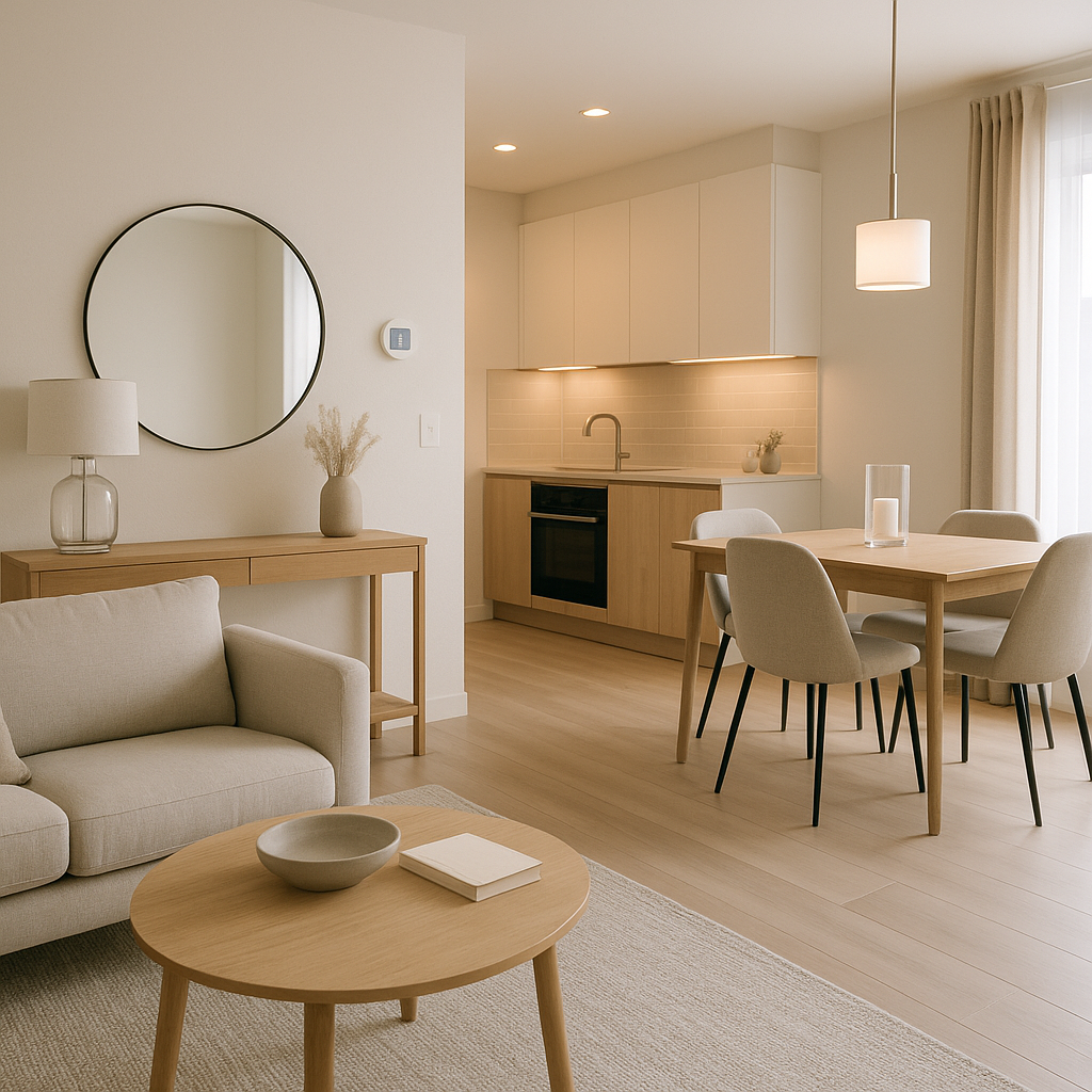 Modern rental apartment interior with smart home technology