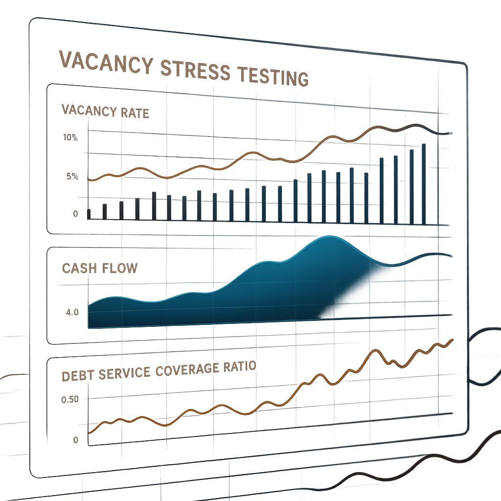 A sleek digital interface showing vacancy stress-testing graphs and financial data streams for rental property analysis in a modern virtual setting