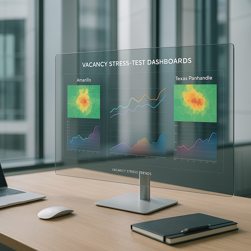 Modern office touchscreen showing vacancy stress-test dashboards with Amarillo market data