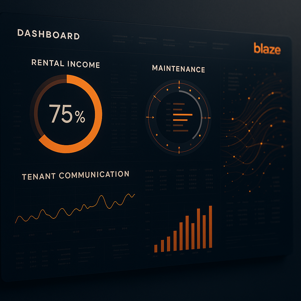 Digital dashboard showing rental income and maintenance graphs with orange highlights on dark background for Texas rental management