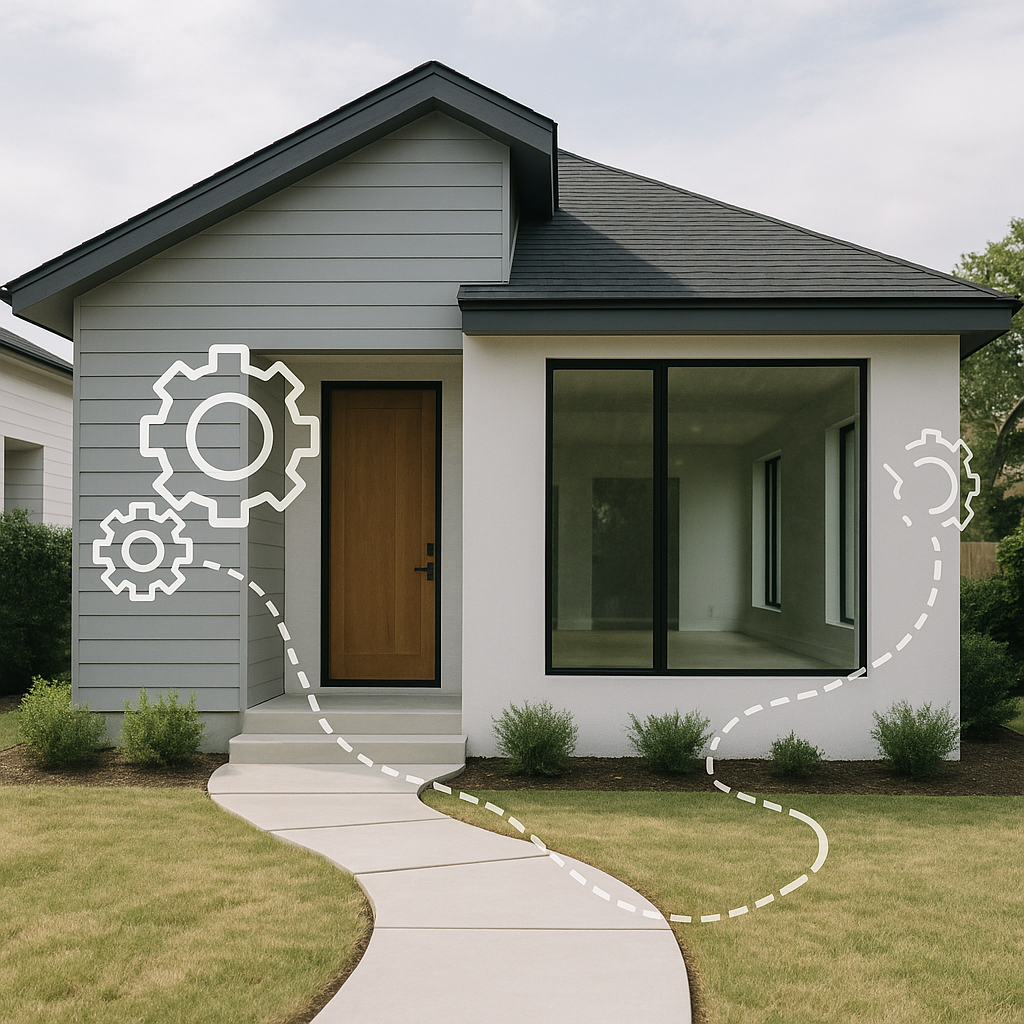 Modern rental property exterior with digital workflow overlays