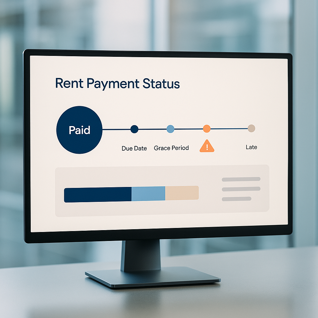 Digital dashboard showing rent payment status timeline with calming blue tones and orange accents illustrating late rent process flow