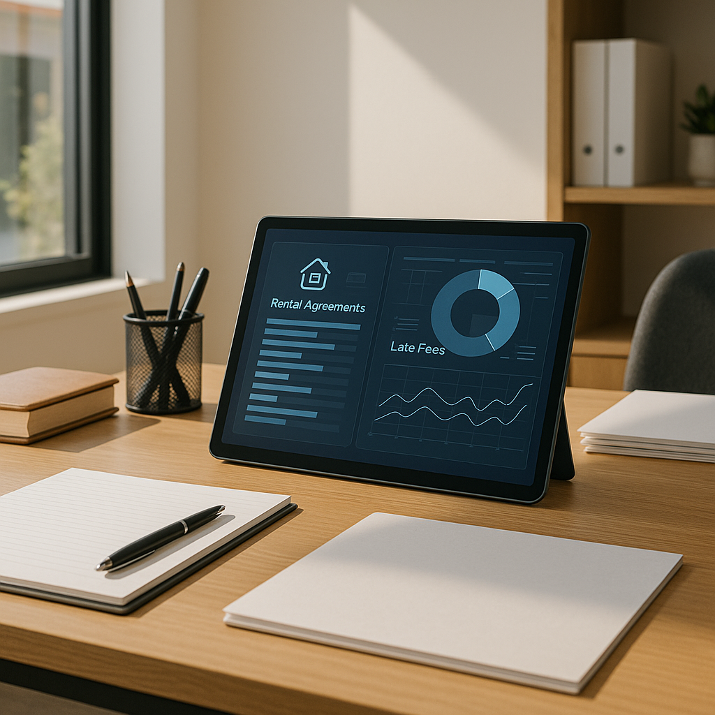 Professional landlord workspace with tenant and rent information