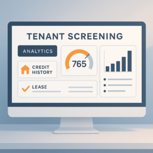 Digital dashboard showing tenant screening analytics and credit scores in a modern interface for tenant ghosting prevention