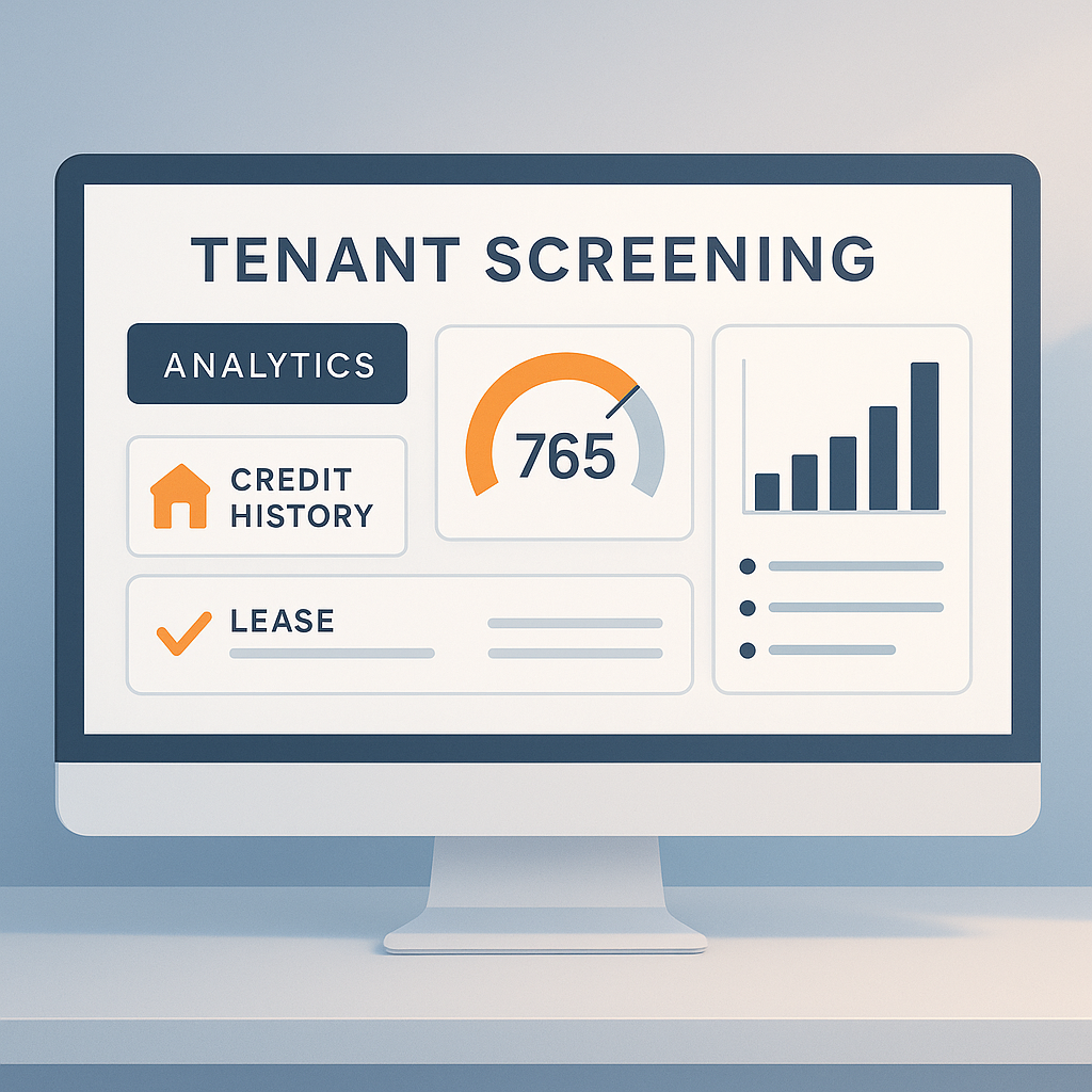 Digital dashboard showing tenant screening analytics and credit scores in a modern interface for tenant ghosting prevention
