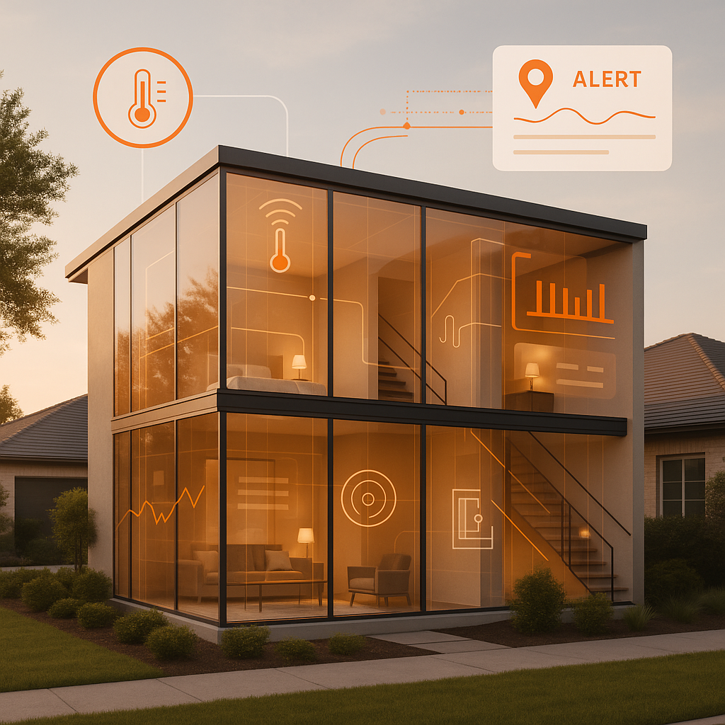 Modern rental building with smart-home sensors and data streams illustrating legal compliance