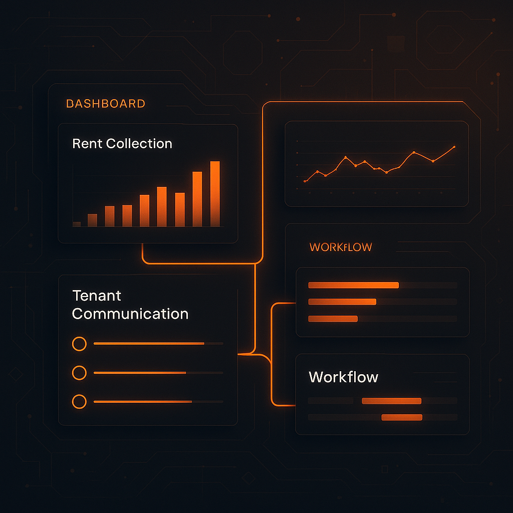 Digital dashboard showcasing rent collection and maintenance tracking automation with glowing Blaze brand highlights in dark mode theme