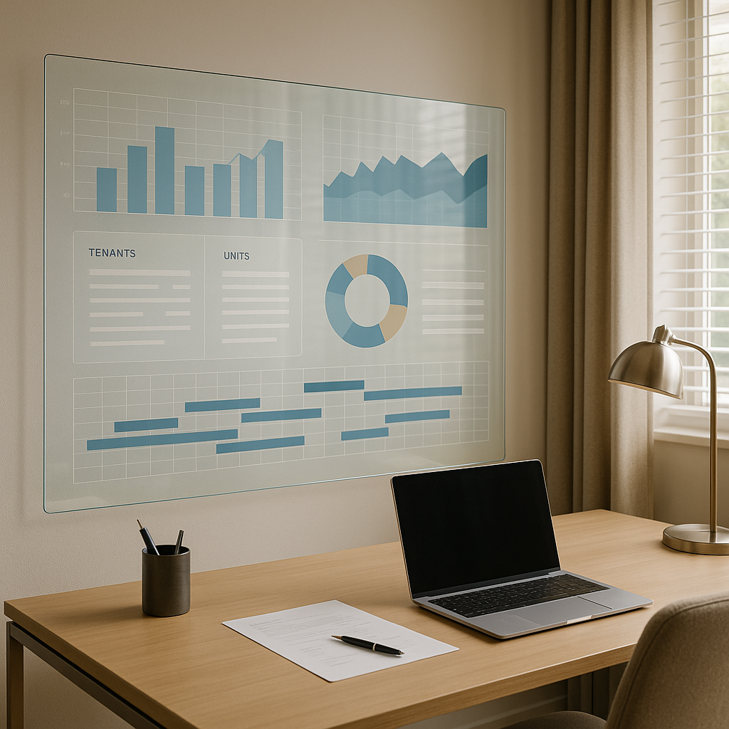 High-tech office workspace with tenant and unit analytics on glass screen