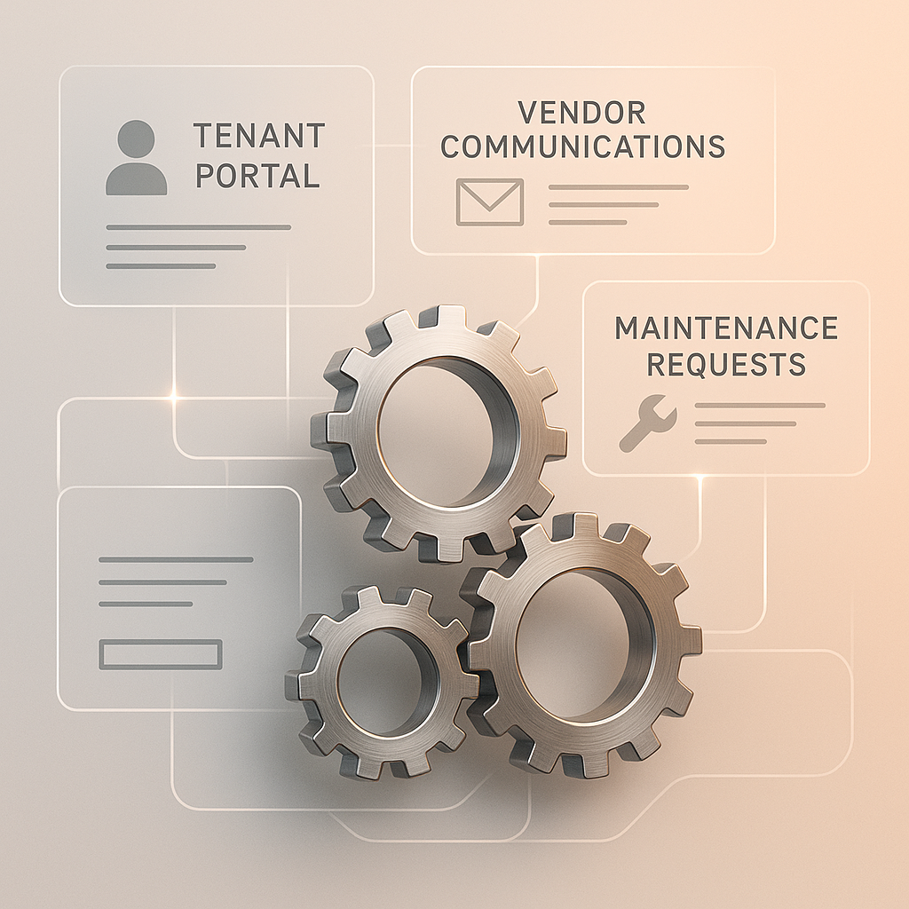 Abstract network of interconnected gears symbolizing automation workflows