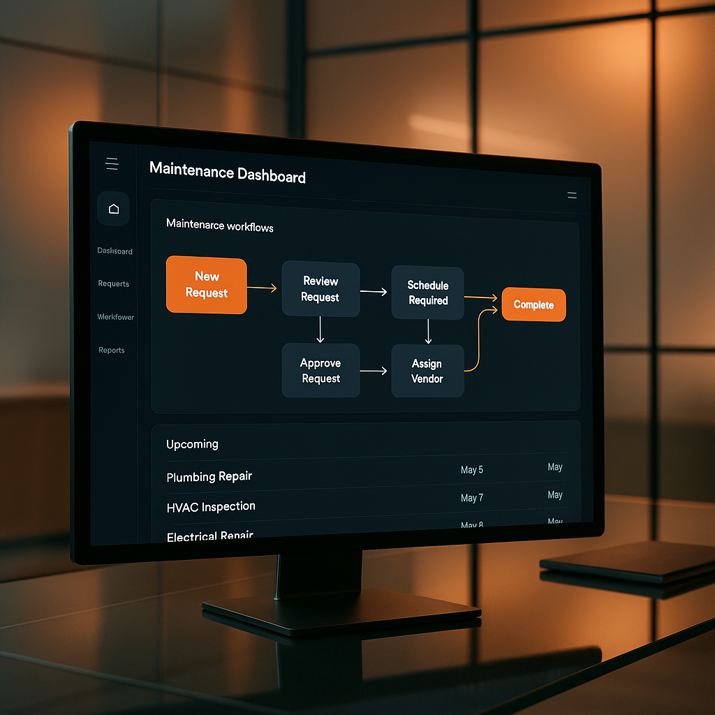 Digital dashboard showing automated maintenance workflows in a modern office, highlighting standardized property management processes