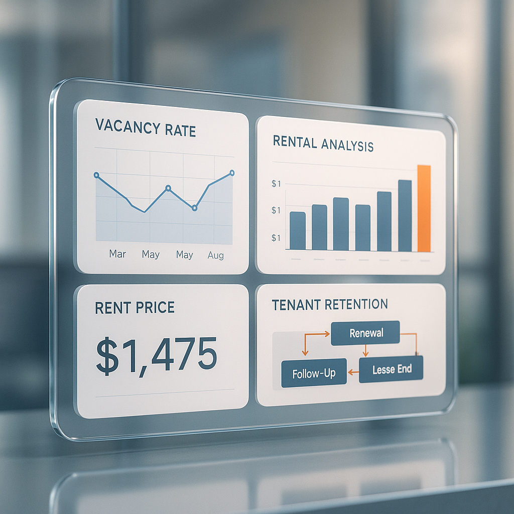 A sleek digital dashboard showing vacancy rate charts and tenant retention workflows in a modern virtual space for property management optimization