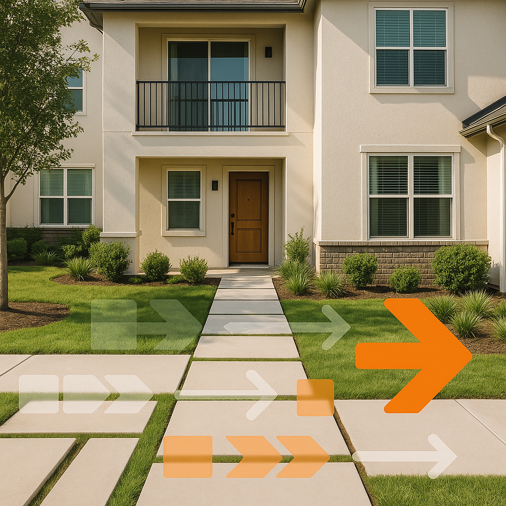 Modern apartment exterior with pathways symbolizing tenant turnover and marketing