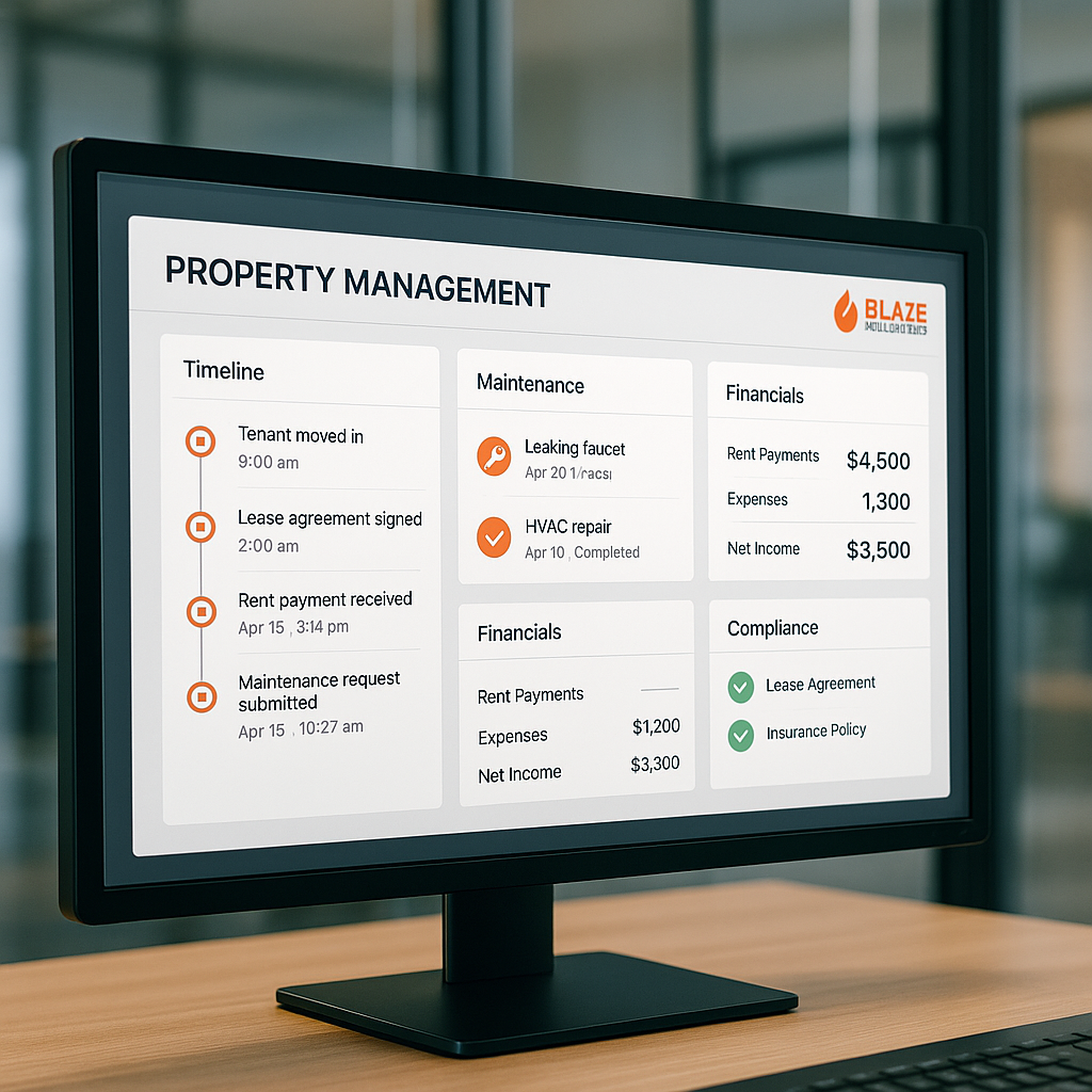 A sleek digital dashboard showing property management data like timelines, maintenance, and financial logs with Blaze Real Estate branding highlights