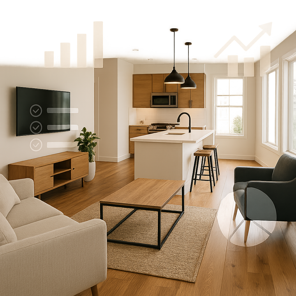 Modern rental property interior with data and analytics overlay