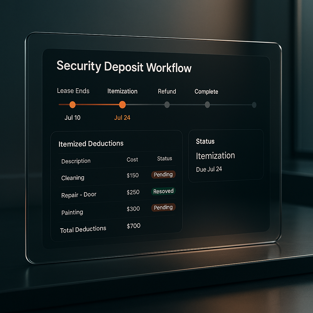 A sleek digital dashboard showing security deposit workflows with itemized deductions and status indicators in a modern interface
