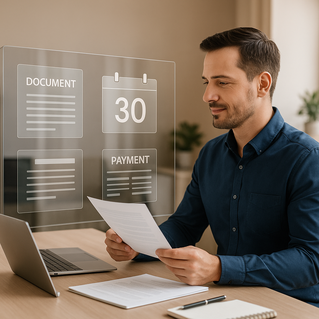 Office environment with digital overlay of legal documents and compliance records